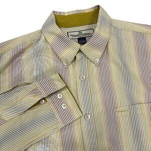 Tommy Bahama Gold 100% Silk Stripe Palm Tree Motif Long Sleeve Shirt Size L